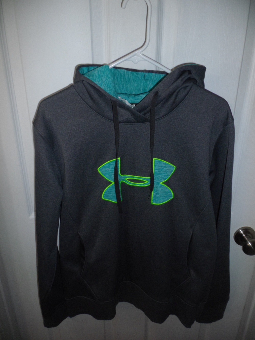 Under Armour Dark Gray Hoodie with Teal Logo and Neon Green Outline